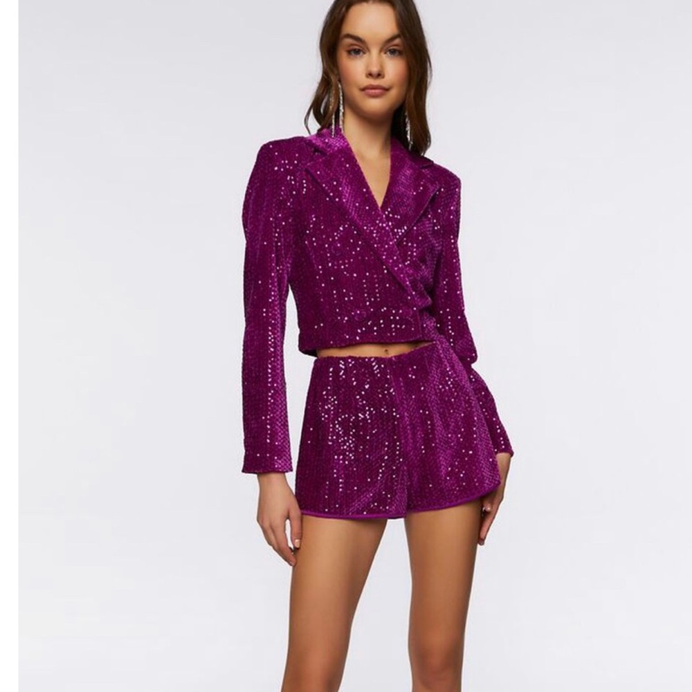 Sequin fuchsia crop jacket and shorts set